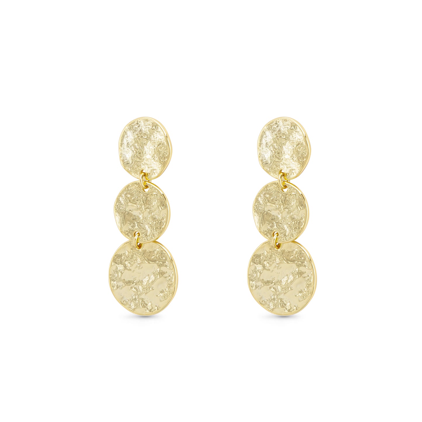 Gold Polished Hammered Triple Disc Drop Earrings