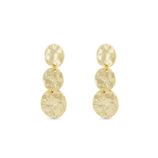 Gold Polished Hammered Triple Disc Drop Earrings