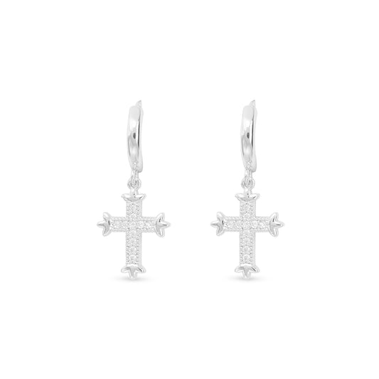 Silver CZ Hoop Small Vintage Cross Earrings