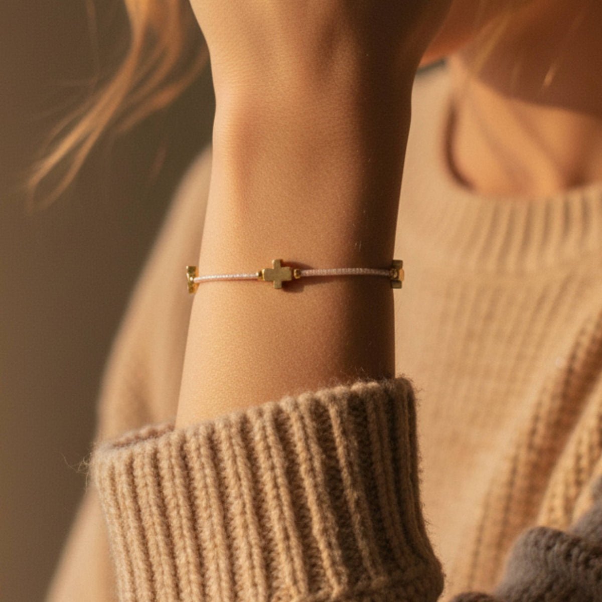 Faithful Beaded Cross Bangle w/ Matte Gold Crosses-Champagne