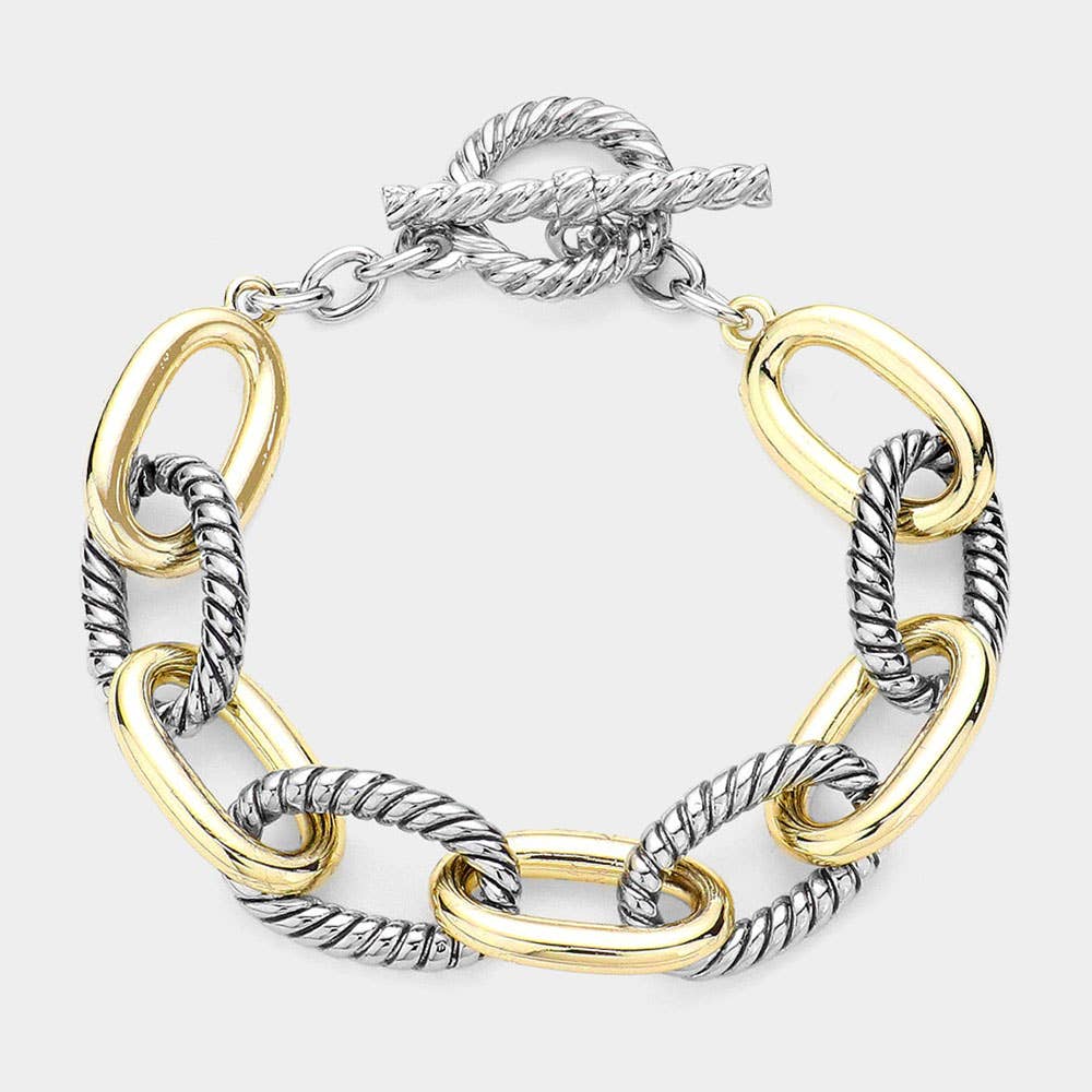 Two Tone Textured Metal Cable Link Toggle Bracelet