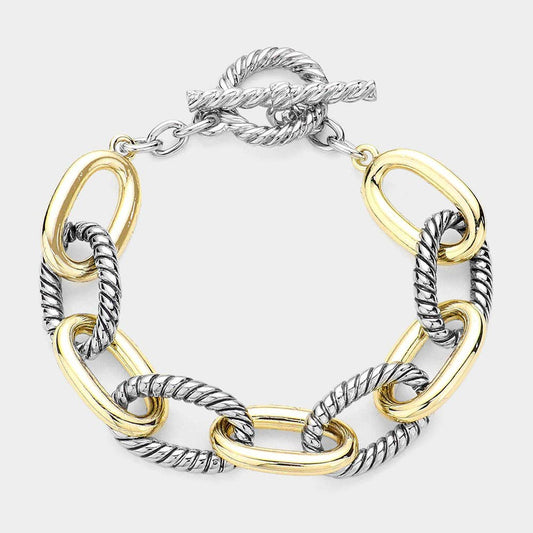 Two Tone Textured Metal Cable Link Toggle Bracelet