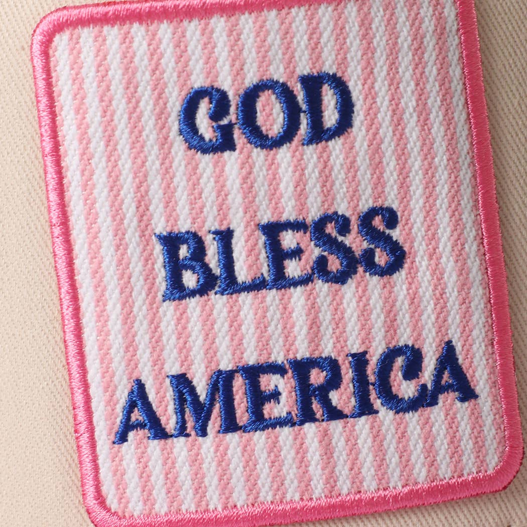 GOD BLESS AMERICA EMBROIDERED PATCH GINGHAM TRUCKER HAT - PINK