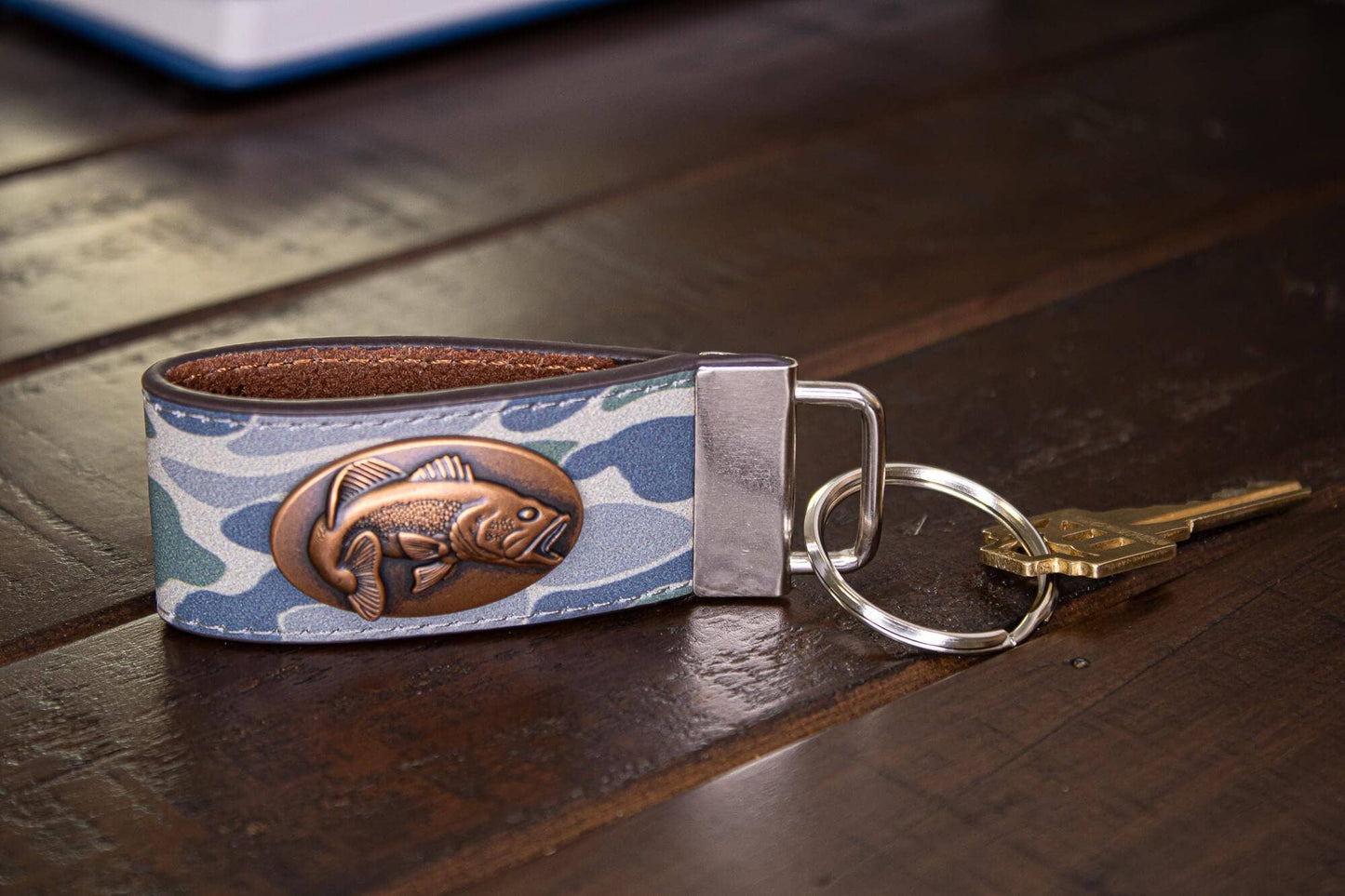 Bass Fishing Old School Camo Leather Loop Keychain.