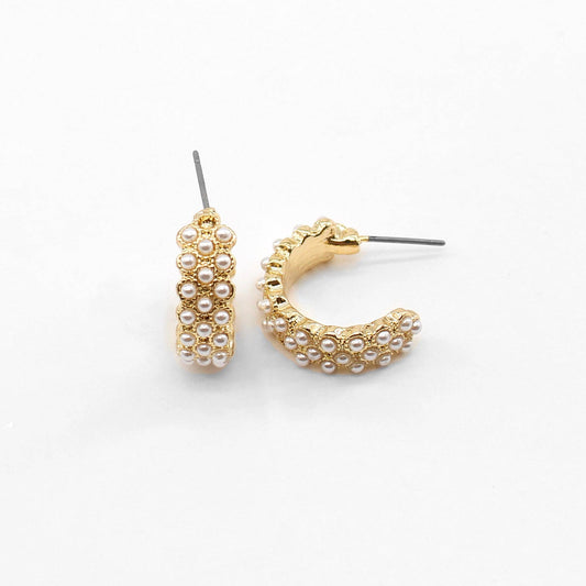 Gold with Small Studded Pearl .5" Hoop Earring