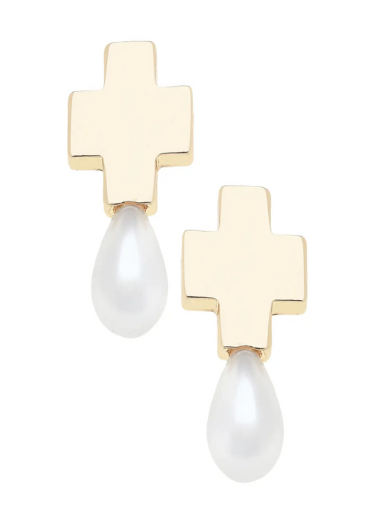 Edith Square Cross Pearl Drop Earrings in Ivory
