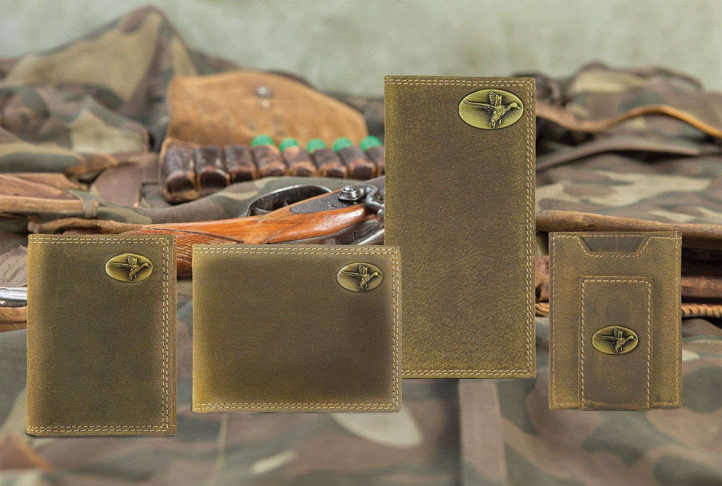 Leather Loop Key Fob. Crazyhorse Full Grain Leather With Antique Brass Logo. Bass, Dog, Deer, Mallard
