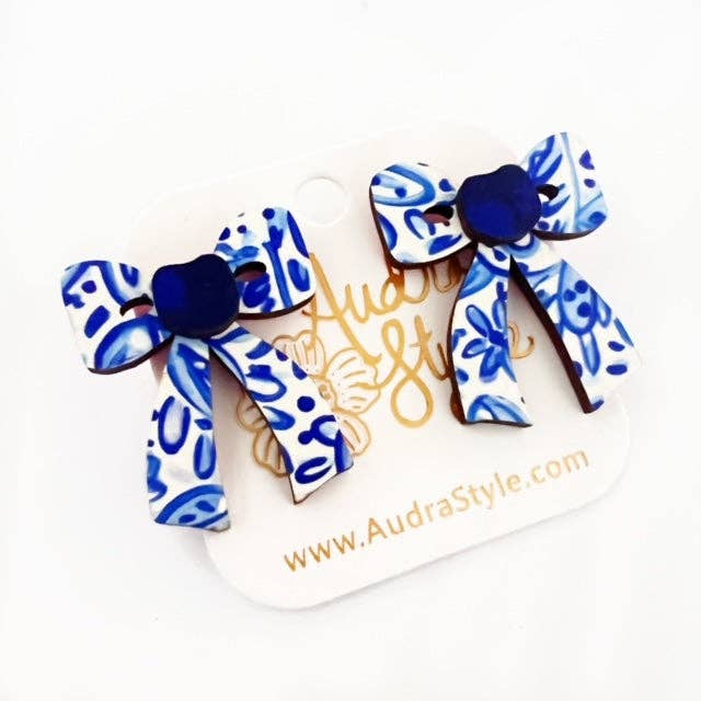 Blue and White Bow Stud Chinoiserie Summer Statement Earring