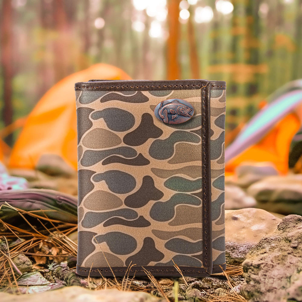 Bass Men's Trifold Old School Camo Leather Wallet