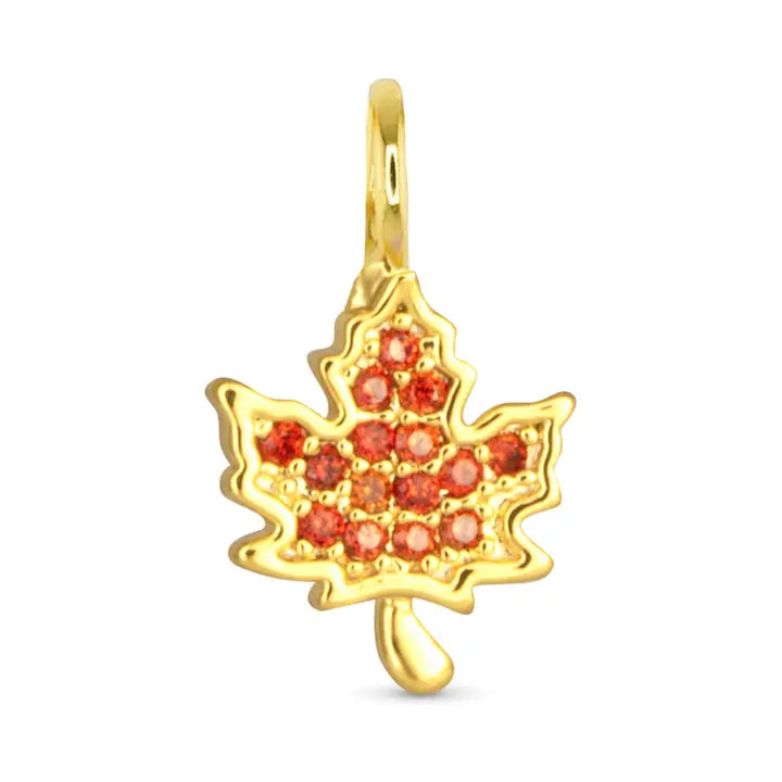 Orange Cz Maple Leaf Necklace Charm - Gold