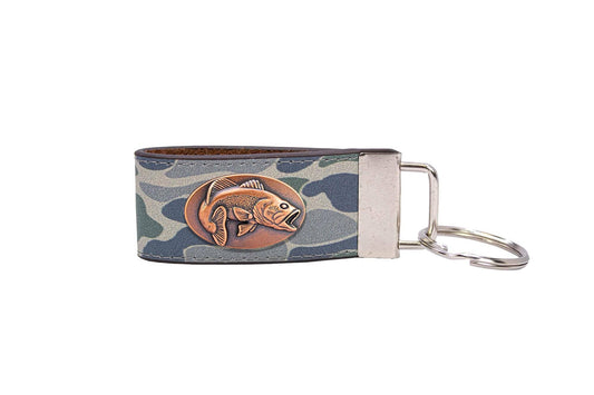 Bass Fishing Old School Camo Leather Loop Keychain.
