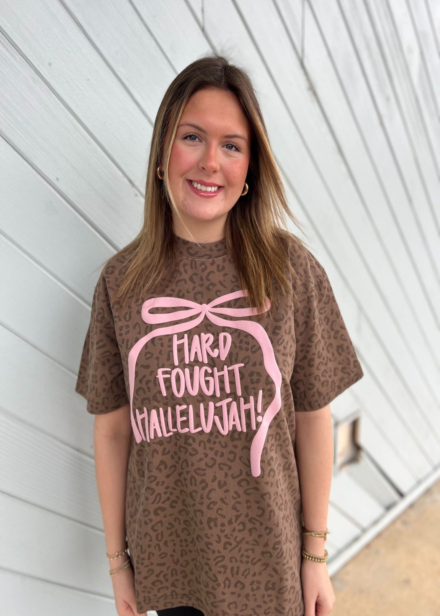 HARD FOUGHT HALLELUJAH LEOPARD TEE - PINK BOW