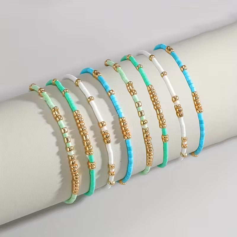TURQUOISE AND METALLIC BEAD STACKABLE BEADED BRACELETS