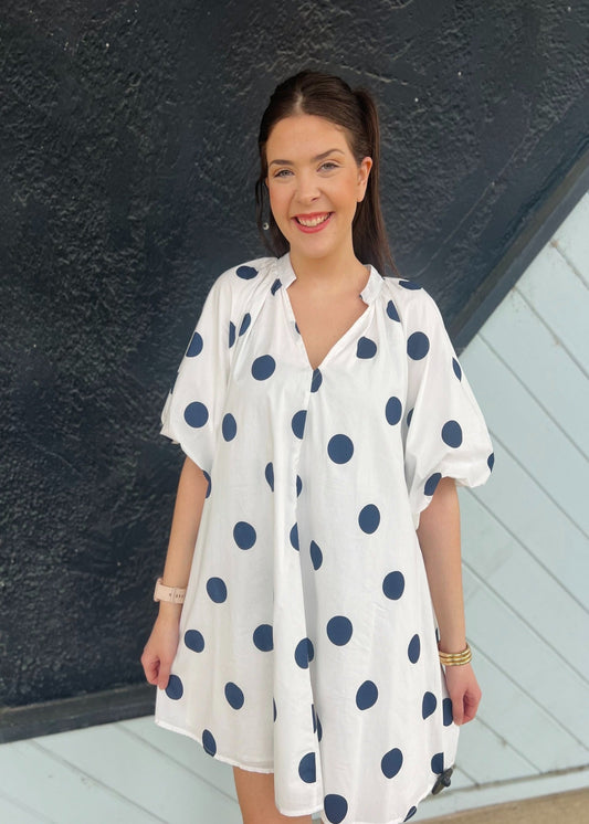 CLAIRE DRESS - NAVY POLKA DOT