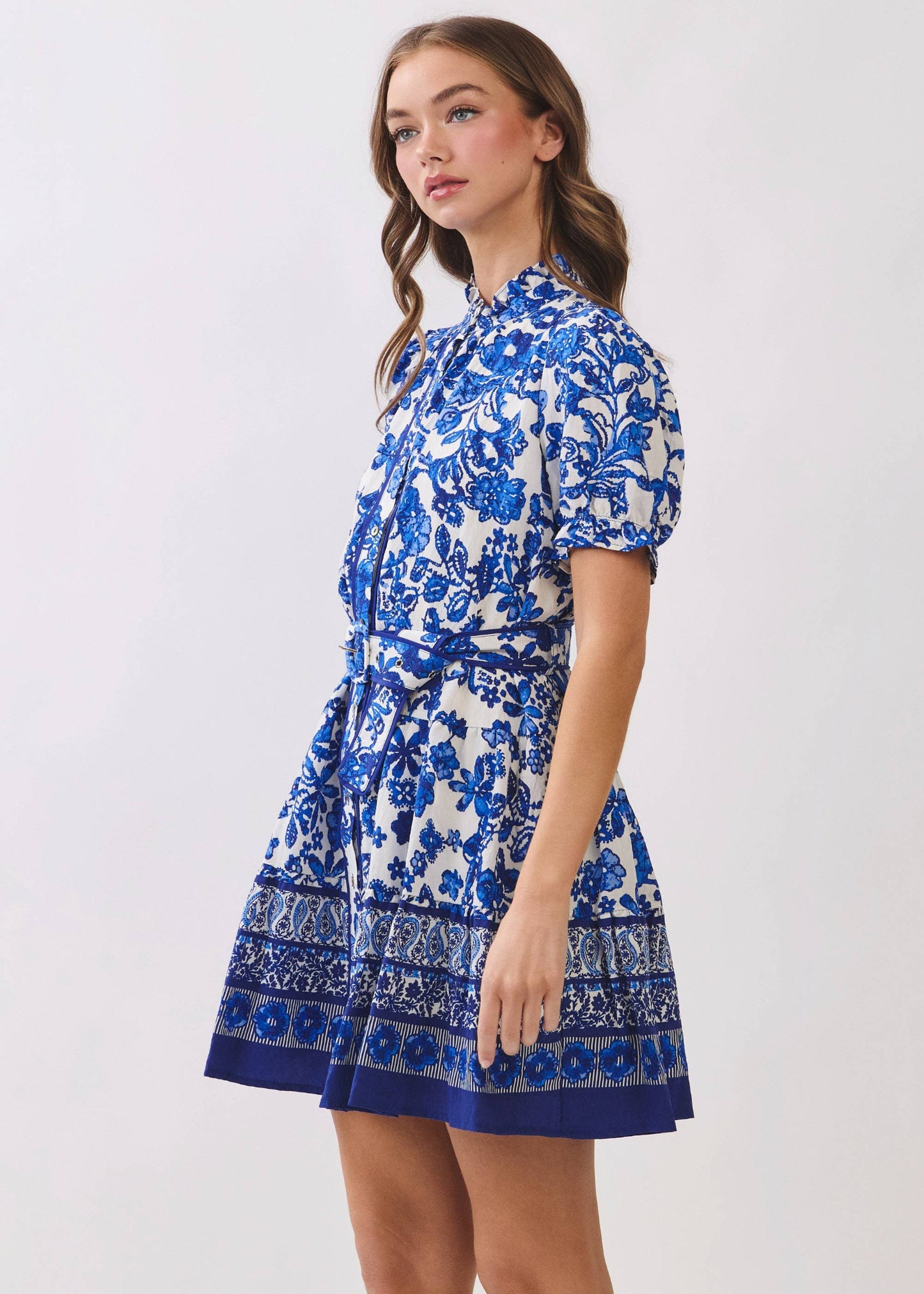 Floral Print Removable Belted Mini Shirt Dress