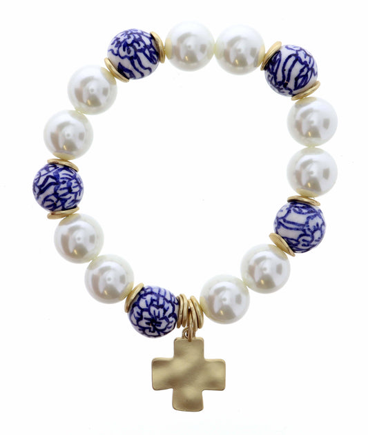 Square Cross on Pearl & Blue Porcelain Beaded Bracelet