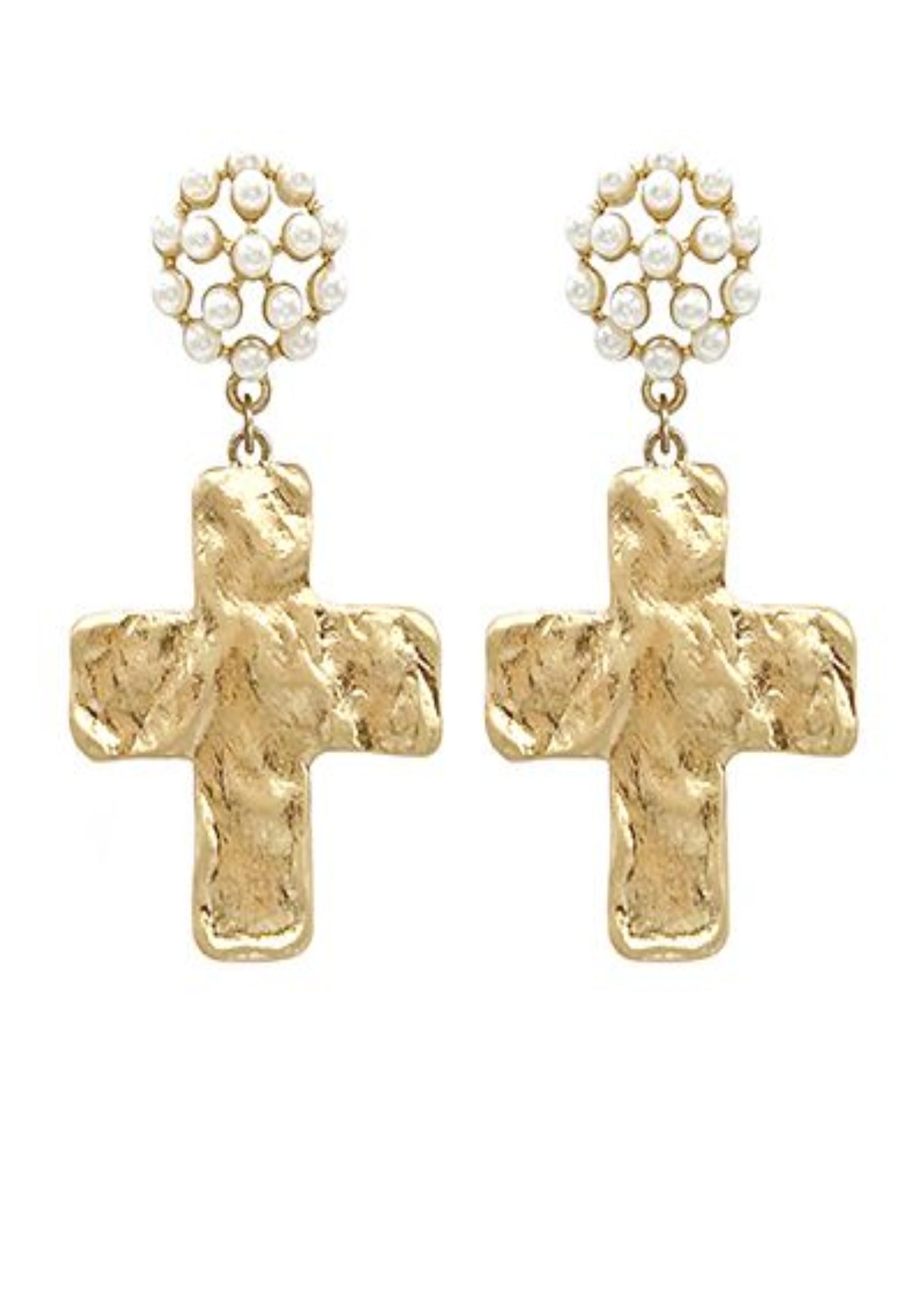 HAMMERED CROSS & PEARL DROP EARRINGS