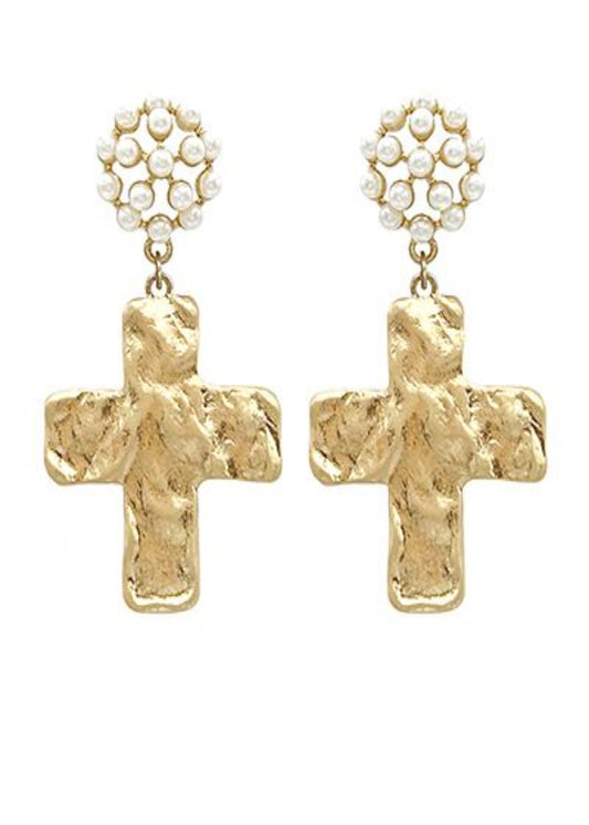 HAMMERED CROSS & PEARL DROP EARRINGS