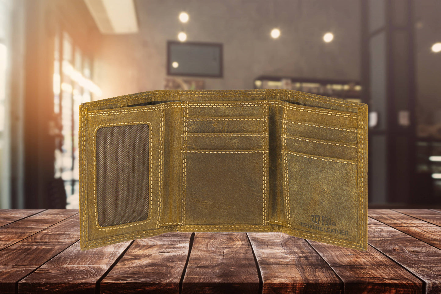 American Flag Vintage Tan Leather Trifold Wallet