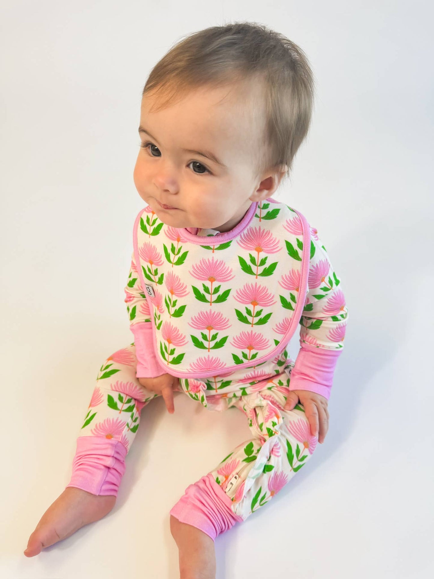 Pink Block Flowers Bib Set (5/15 Restock)