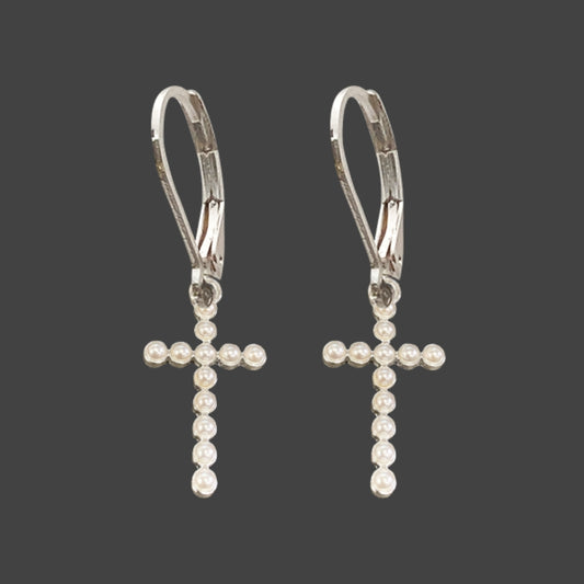 Silver Pearl Cross Lever Back Earrings