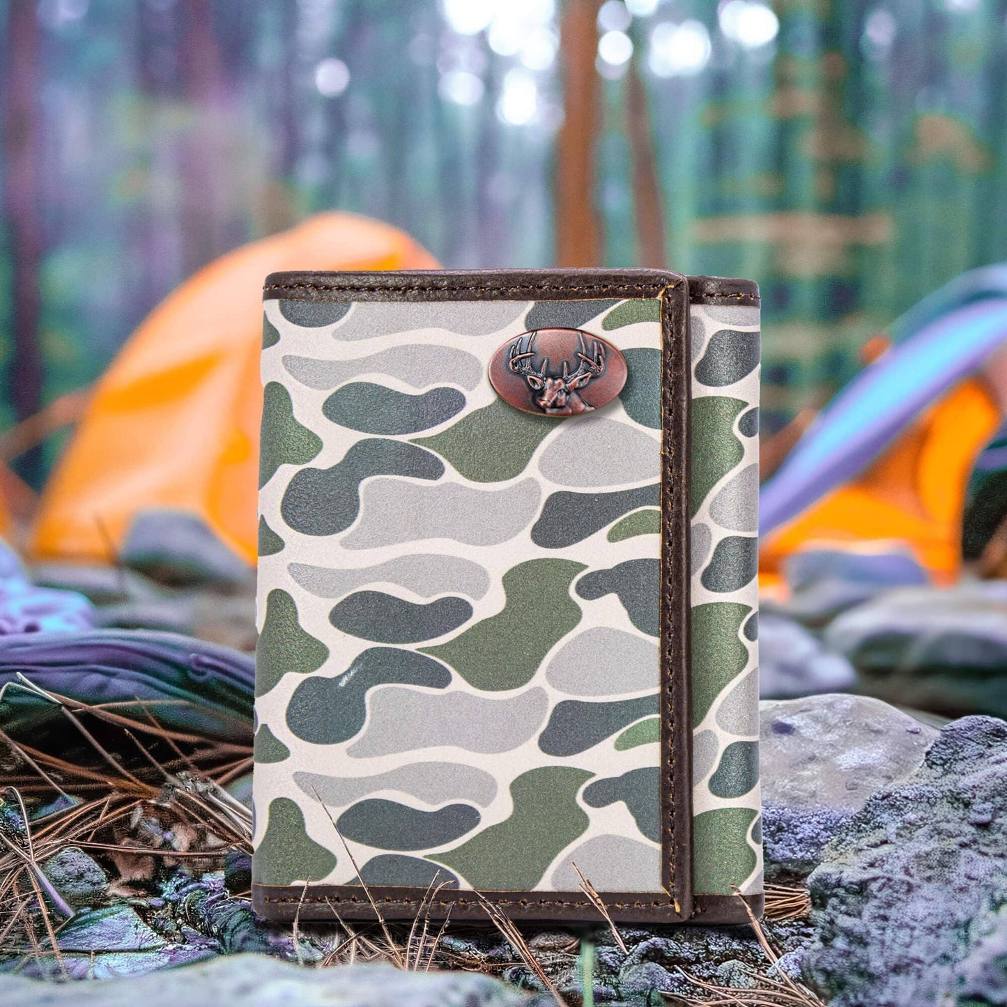 Buck Men's Trifold Old School Camo Leather Wallet.