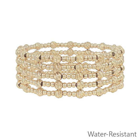 Water Resistant Gold 3mm Beaded Set of 5 Stretch Bracelets with Gold Accent Bead