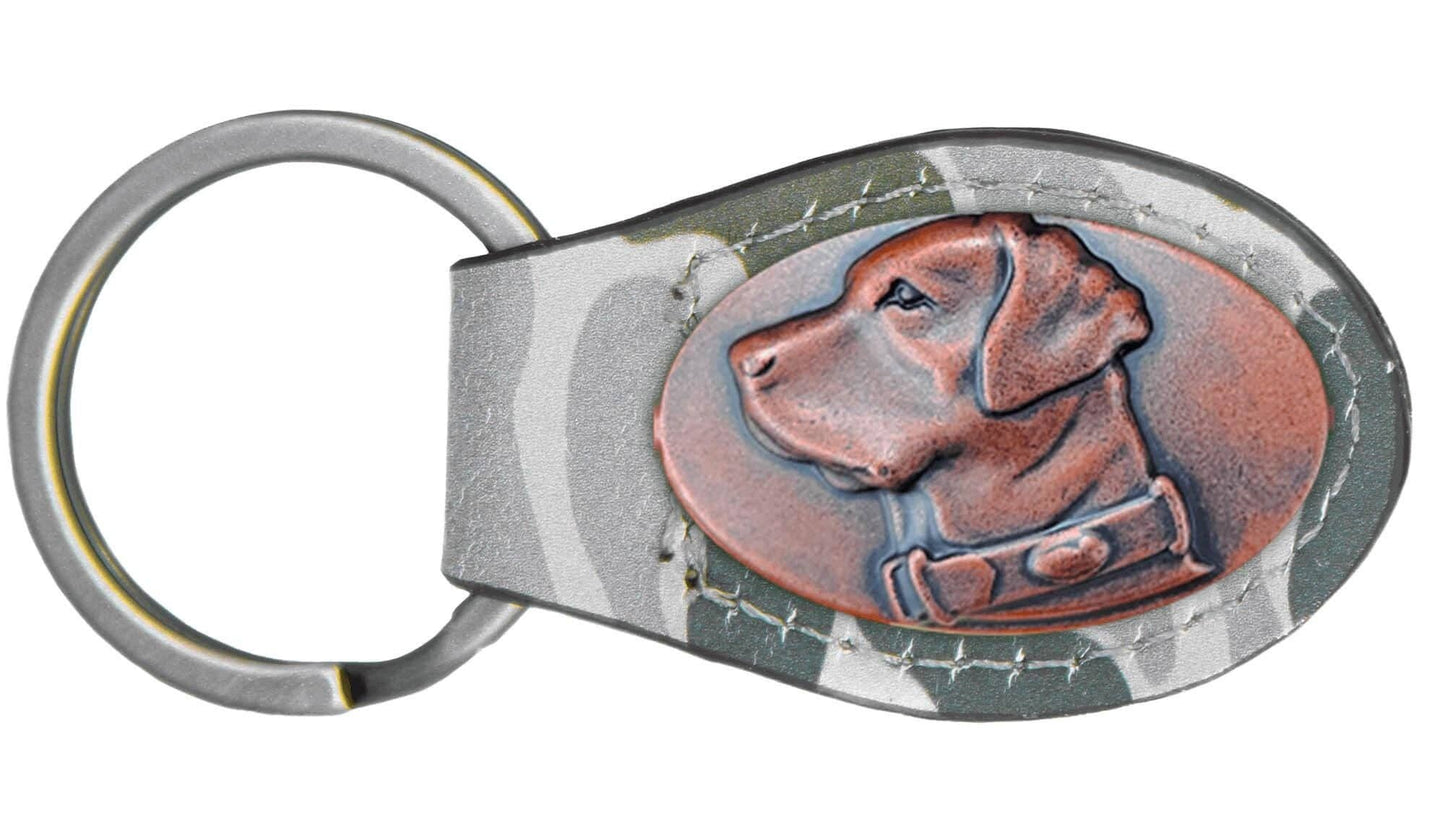 Green Old School Camo Leather Key Fob. Bass, Lab, Deer, Mallard, Turkey, Shot Shell, USA Flag