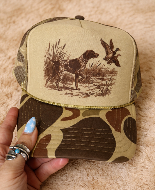 Duck Hunting Pointer Dog -  Camo Olive Foam Otto Trucker Hat