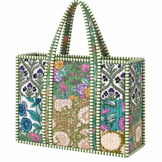 Large Tote - Green Patchwork Quilted Bag Print