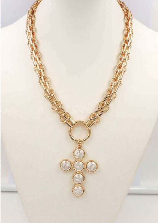 Gold Chain with Freshwater Pearl Cross 16"-18" Necklace