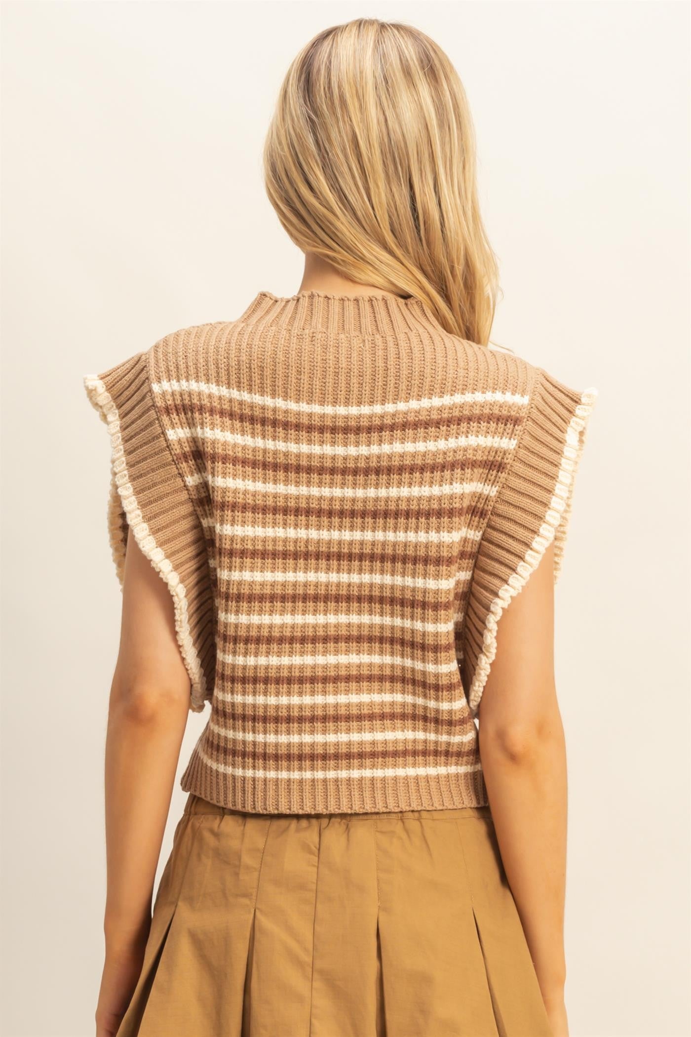 KATE STRIPED SLEEVELESS SWEATER VEST - L. OLIVE