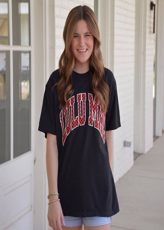 TEAM RED AND BLACK CHECKERED ADULT BLACK COMFORT COLORS TEE