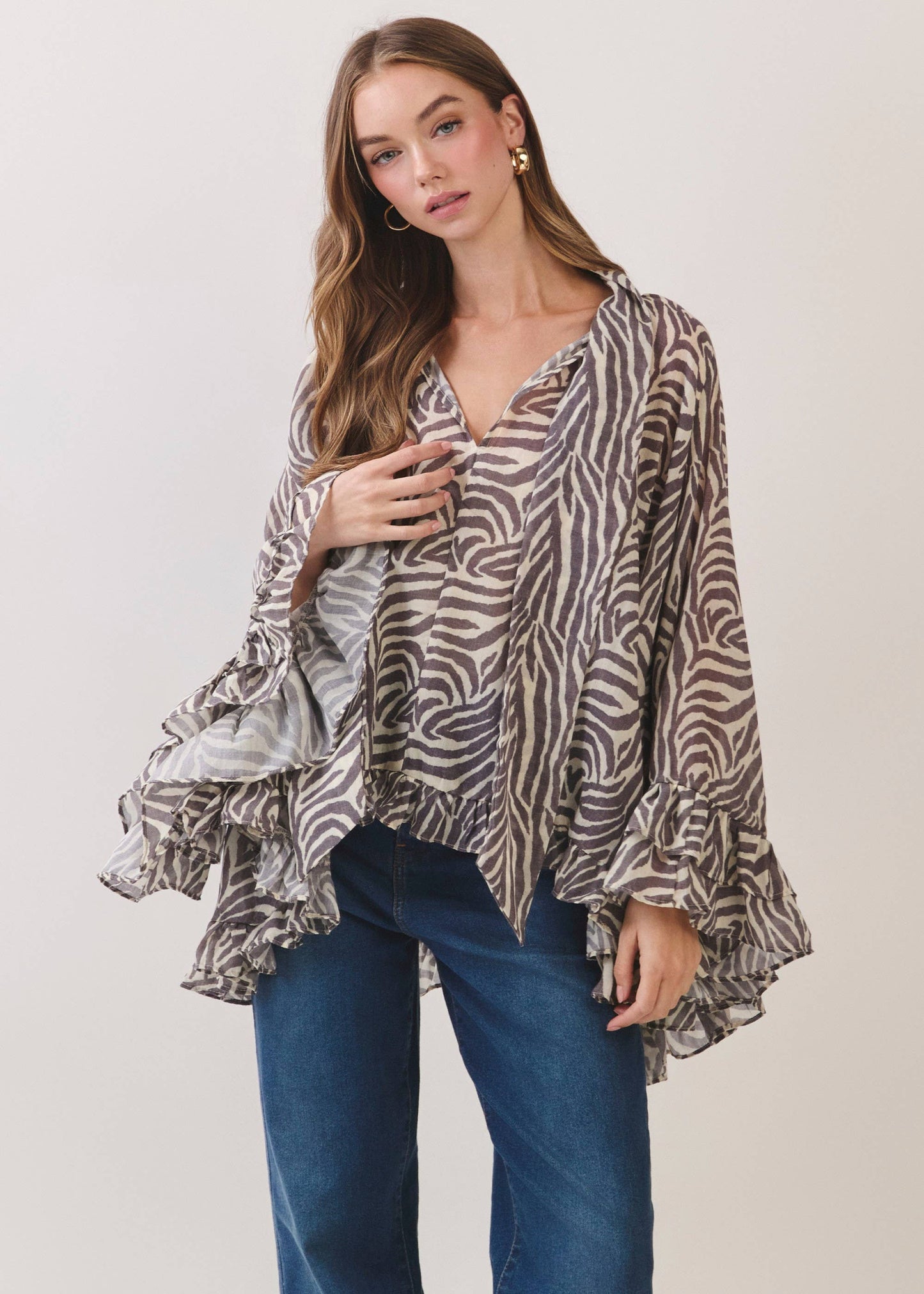 Zebra Print Ruffle Detail High Low Hem Blouse