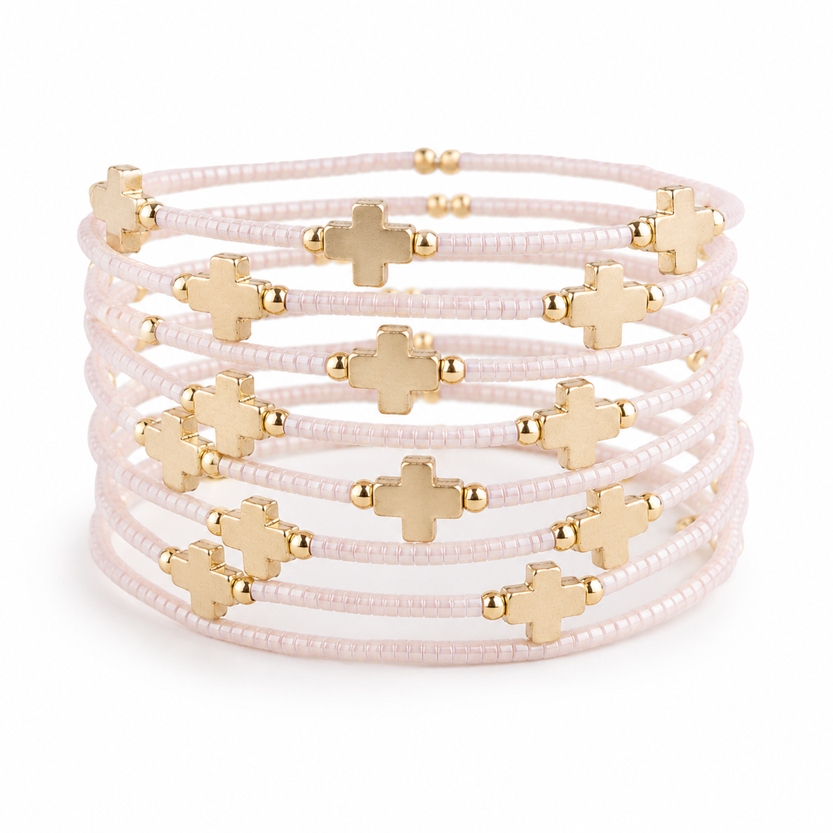 Faithful Beaded Cross Bangle w/ Matte Gold Crosses-Champagne