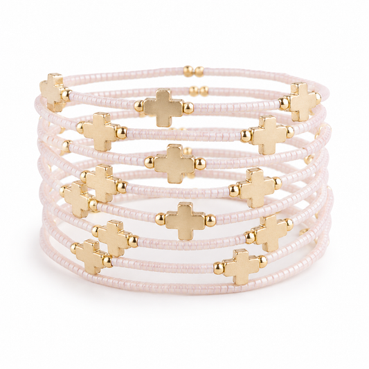 Faithful Beaded Cross Bangle w/ Matte Gold Crosses-Champagne