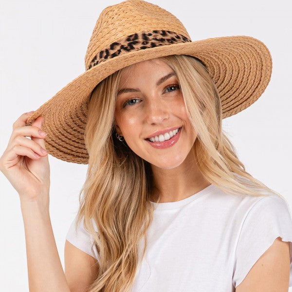 Wide Brim Straw Hat with Leopard Ribbon