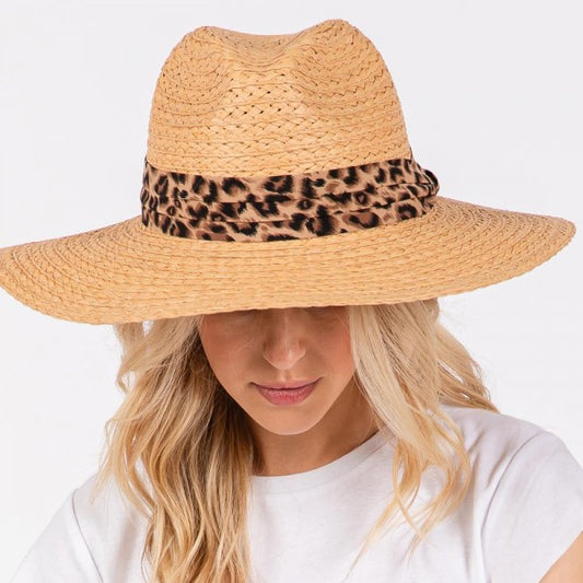 Wide Brim Straw Hat with Leopard Ribbon
