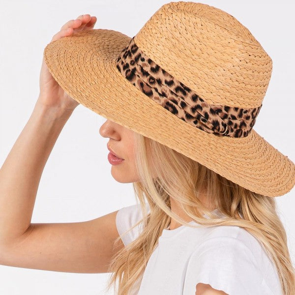 Wide Brim Straw Hat with Leopard Ribbon