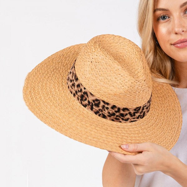 Wide Brim Straw Hat with Leopard Ribbon