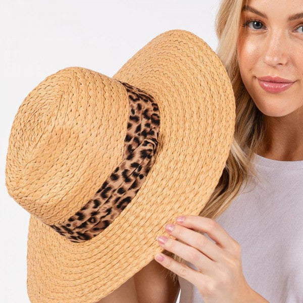 Wide Brim Straw Hat with Leopard Ribbon