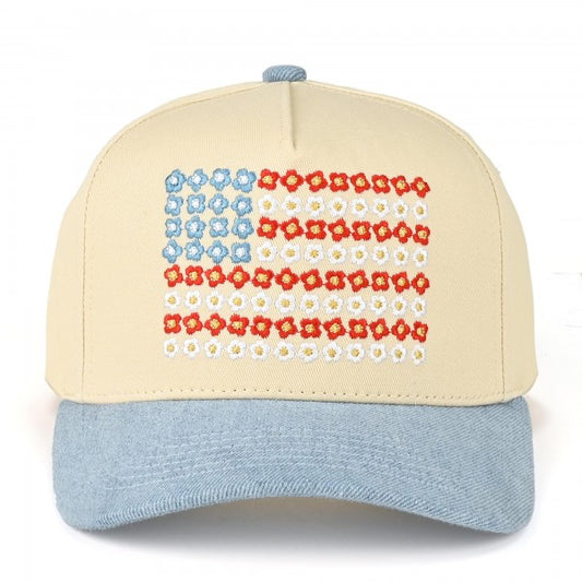 Two Tone Canvas Embroidered Flower Flag Baseball Cap