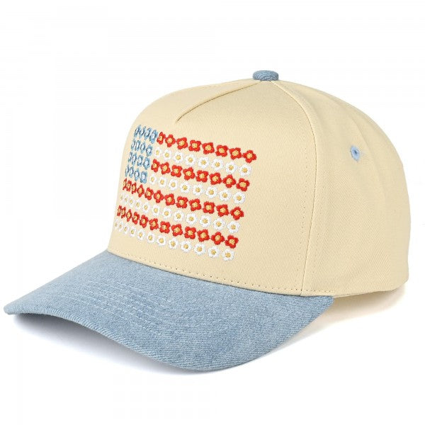 Two Tone Canvas Embroidered Flower Flag Baseball Cap