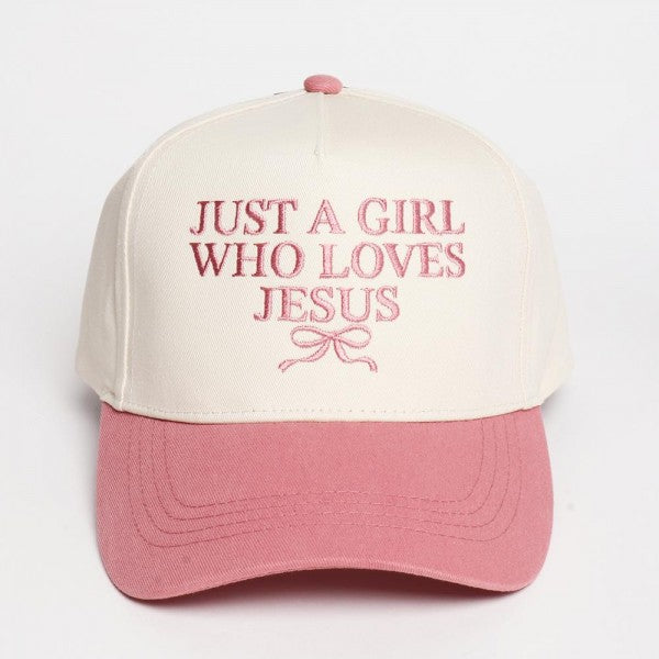 "Just A Girl Who Loves Jesus" Bow Embroidered Two Tone Baseball Cap