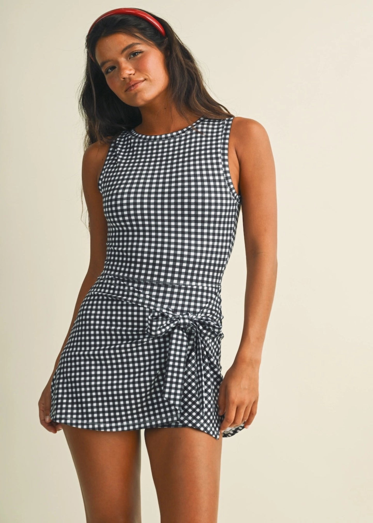 Gingham Print Sleeveless Wrap Tie Front Dress