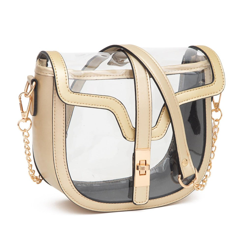 Clear Tote Bag With Vegan Leather Trim Featuring Twist Lock Buckle Closure GOLD