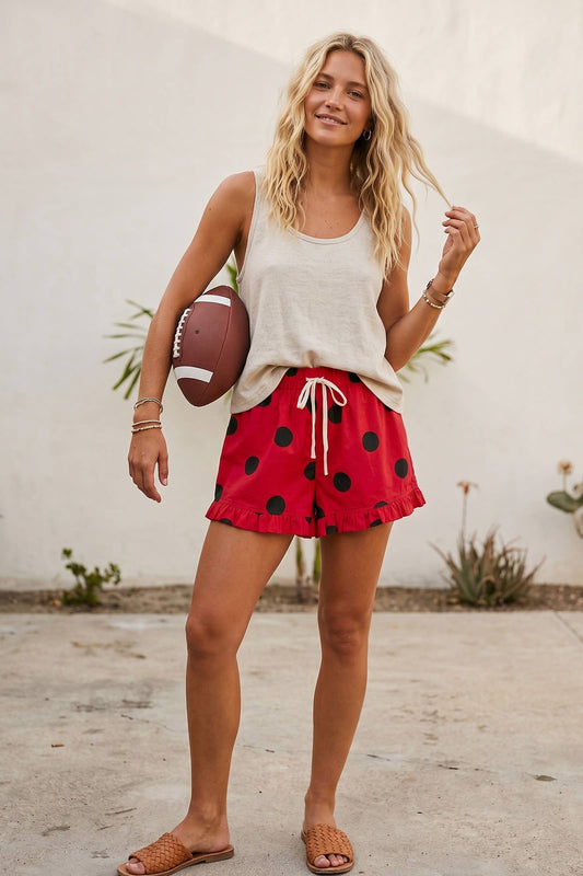 Gameday Ruffle Hem Polka Dot Poplin Shorts