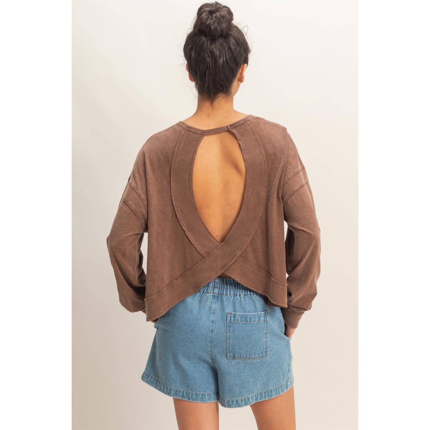 Cross Detail Open Back Long-Sleeve Top