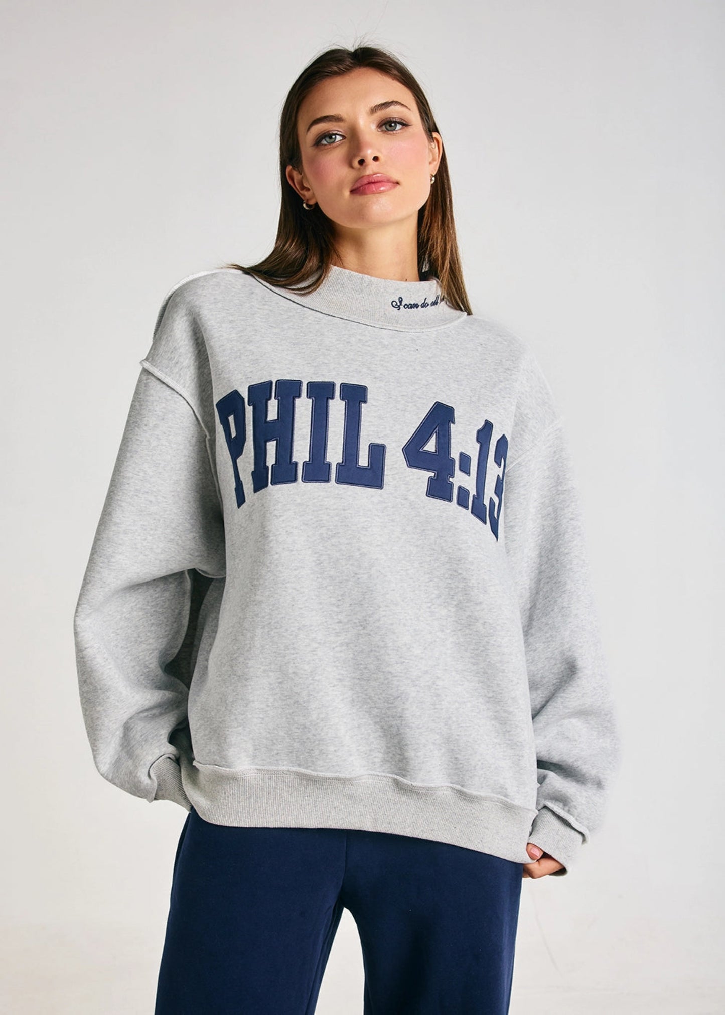 PHILIPIANS 4:13 EMBROIDERED MOCKNECK SWEATSHIRT - HEATHER GREY