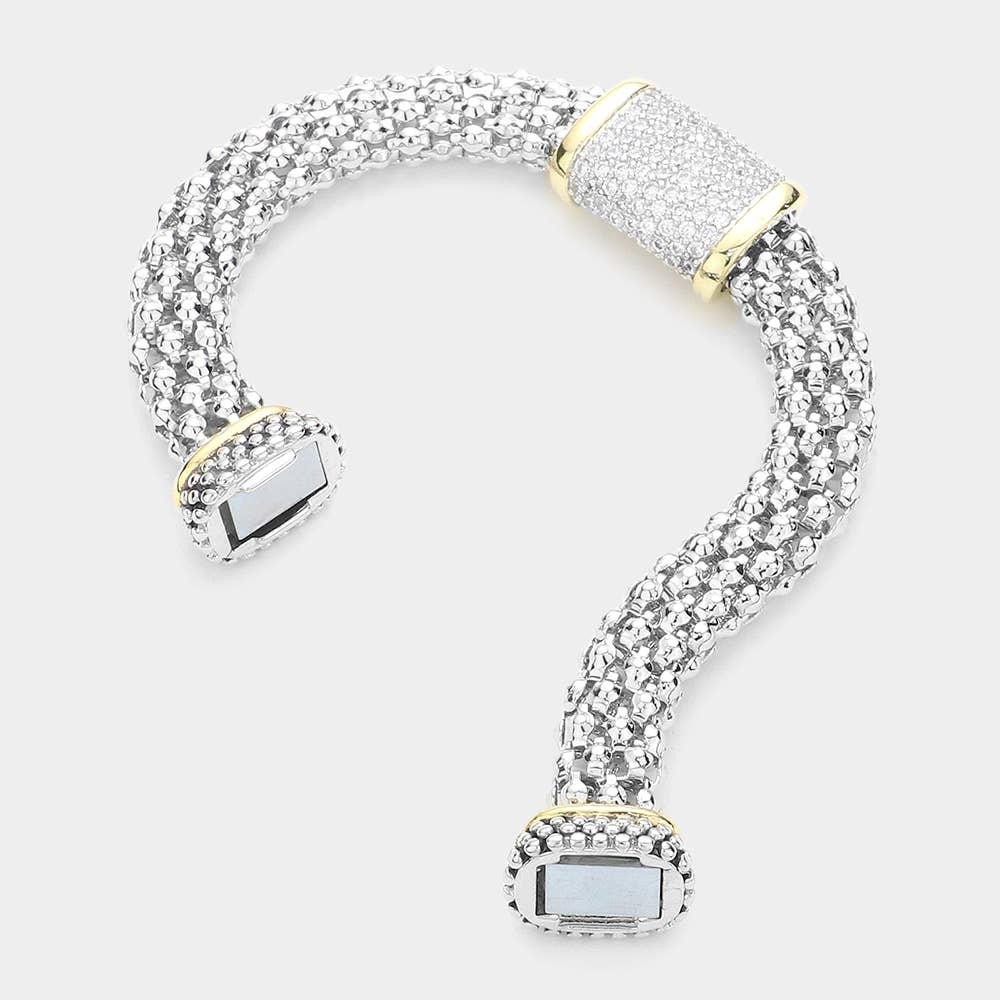 Two Tone CZ Paved Rectangular Pendant Magnetic Bracelet